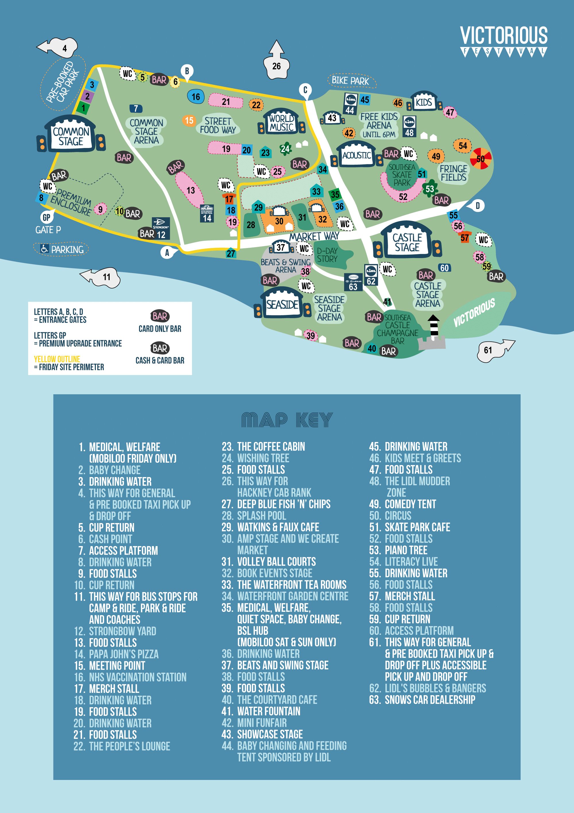 a map illustrating various stages, bars, toilets and other facilities that are at Victorious 2021. It is a cartoon style illustration.